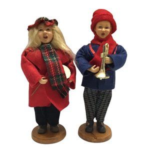 Vintage Christmas Carolers Lot of 2 Santas Workbench Posable Arms on Wood Bases